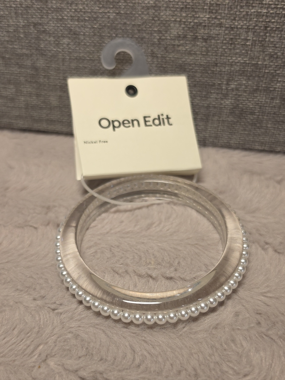 Open Edit Clear Lucite Bangle with Pearl Accent